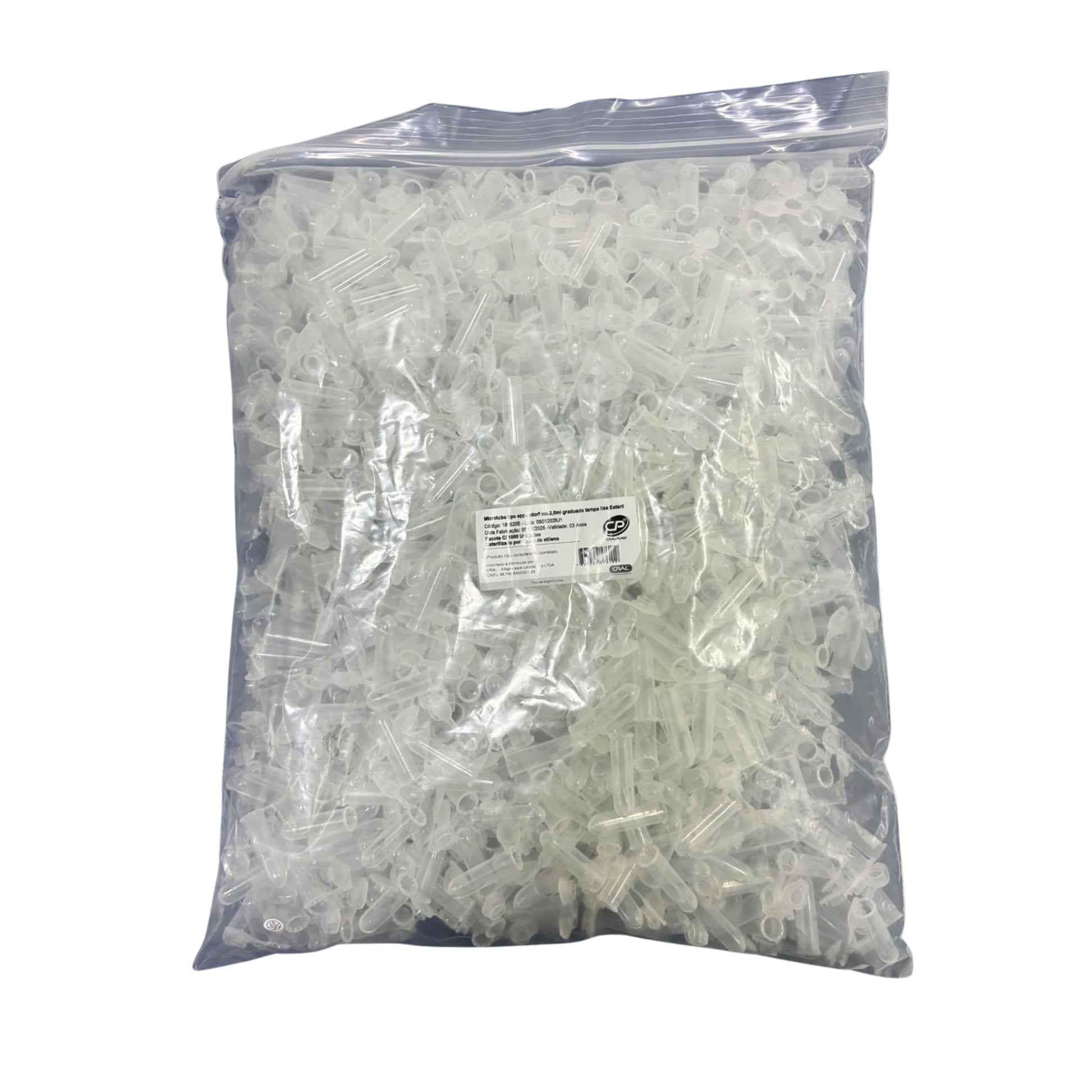 MICROTUBO TIPO EPPENDORF VOL.2,0ML GRADUADO TAMPA LISA ESTERIL PT/1000 - CRALPLAST