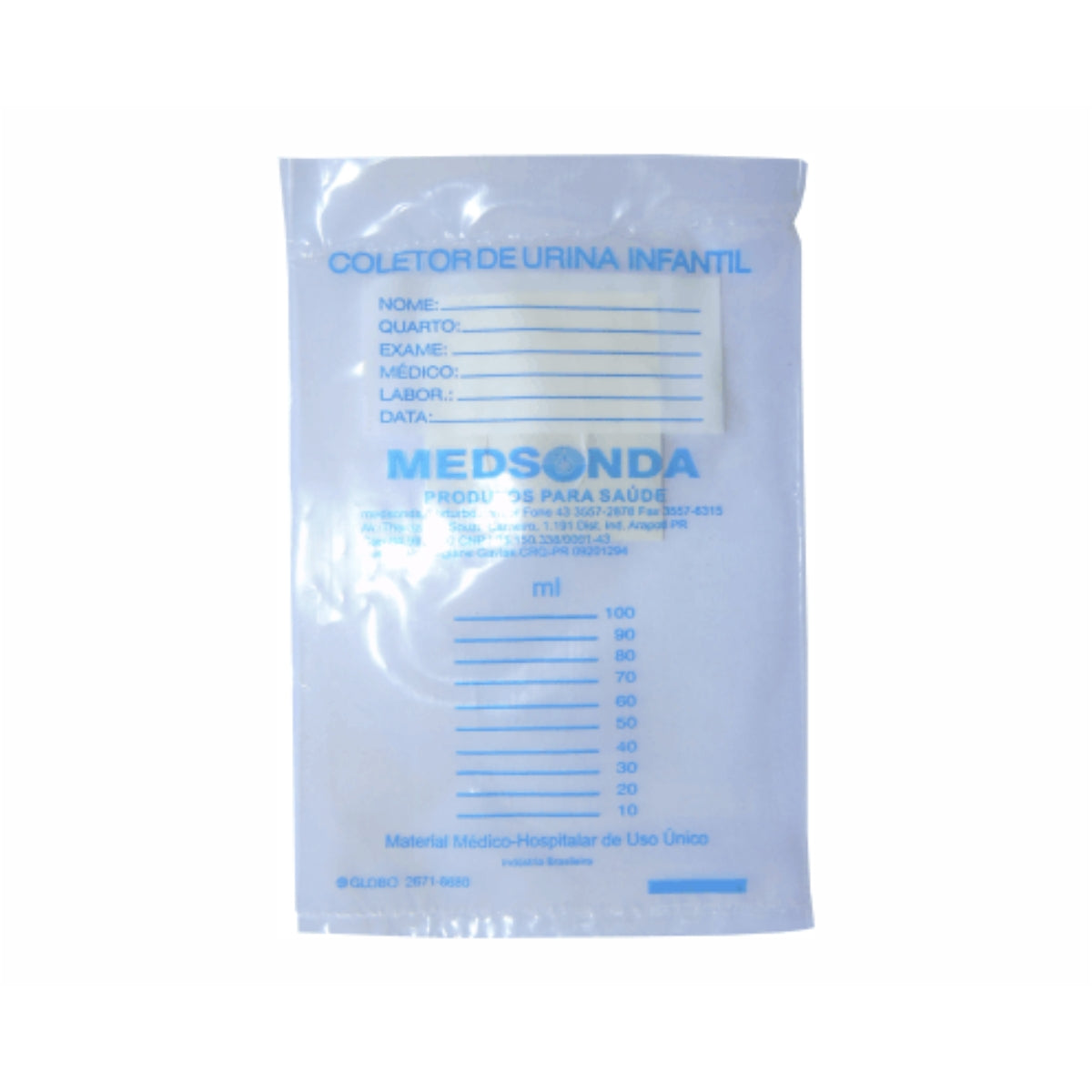 COLETOR DE URINA INFANTIL UNISSEX VOLUME 100ML EMBALAGEM - PCT 10UN - MEDSONDA