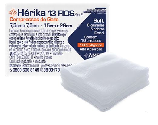 COMPRESSA DE GAZE 13 FIOS ESTERIL 7,5 X 7,5 - 10 UN - HERIKA