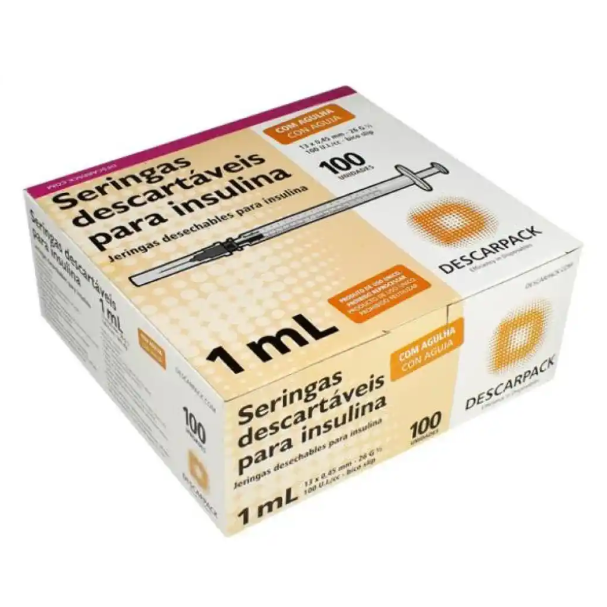SERINGA DESC. 1ML C/AGULHA 13 X 4,5 - SLIP INSULINA - 100 UN DESCARPACK