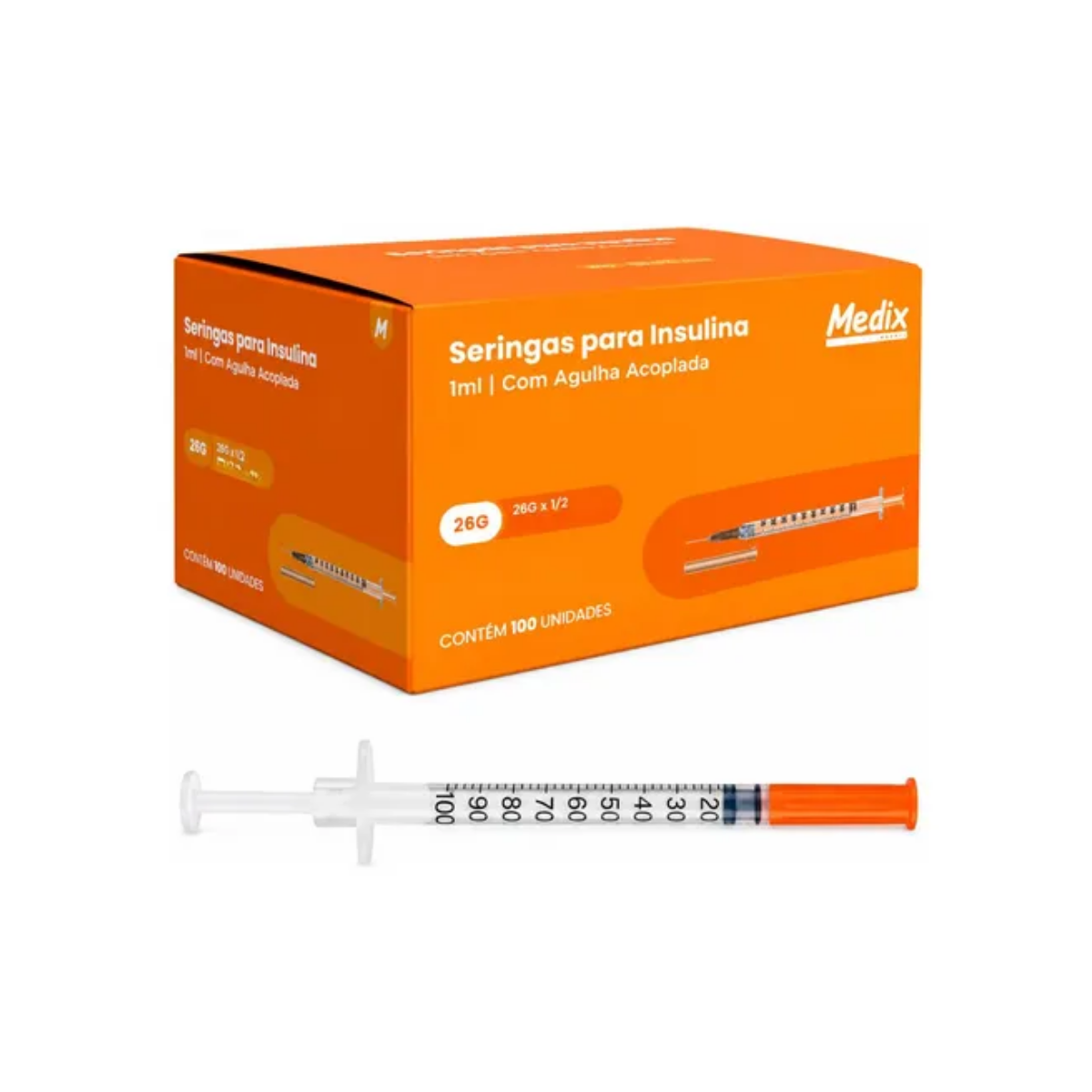 Seringa Descartável para Insulina 1 mL com Agulha 13 x 4,5 mm, Luer Slip c/100 – Medix