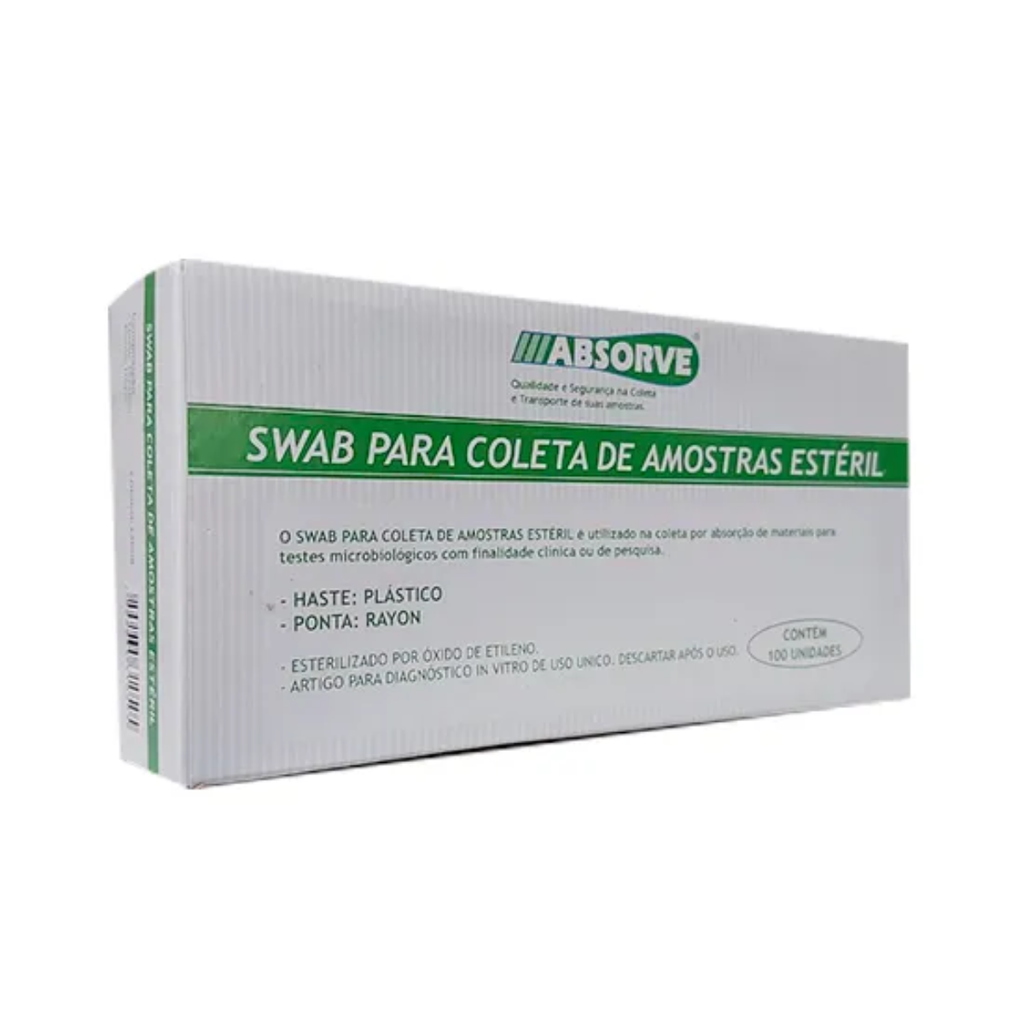 SWAB PARA COLETA DE RAYON ESTERIL HASTE DE PLASTICO - 100UN - ABSORVE