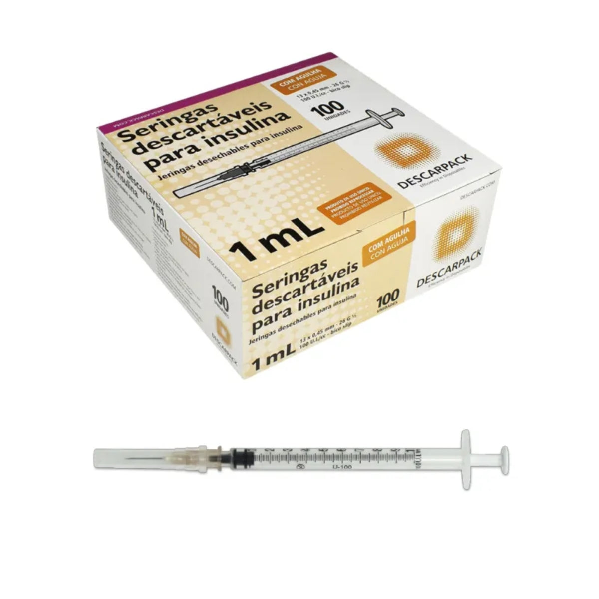 SERINGA DESC. 1ML C/AGULHA 13 X 4,5 - SLIP INSULINA - 100 UN DESCARPACK