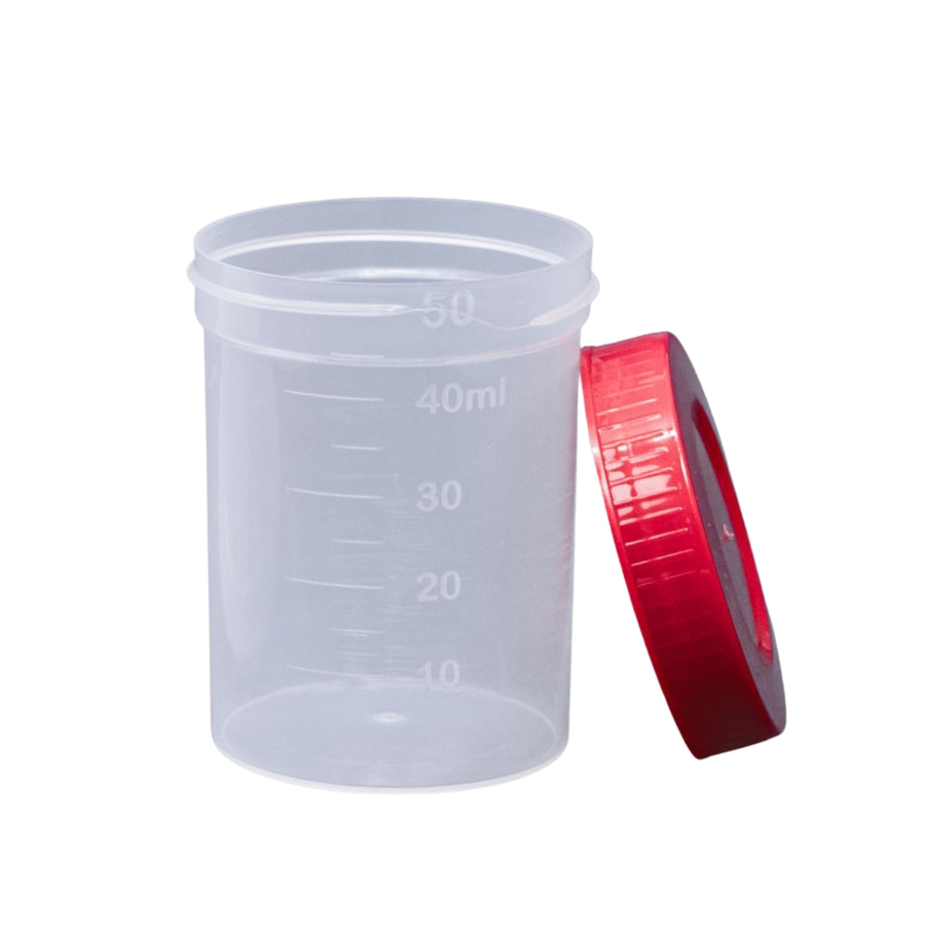 COLETOR DE URINA INDIVIDUAL 50ML TAMPA VERMELHA TRANSLUCIDO - 100 UN - CRALPLAST