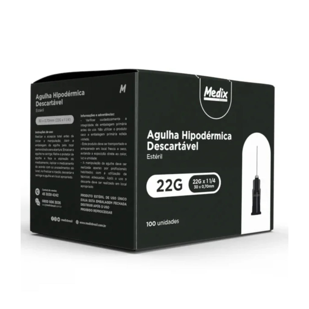 AGULHA HIPODERMICA DESC 30 X 0,70 - 22G X 1/4 - 100 UN - MEDIX