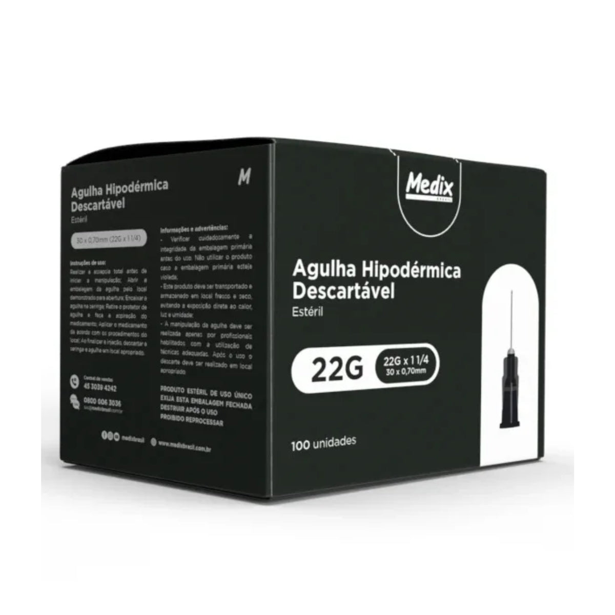 AGULHA HIPODERMICA DESC 30 X 0,70 - 22G X 1/4 - 100 UN - MEDIX